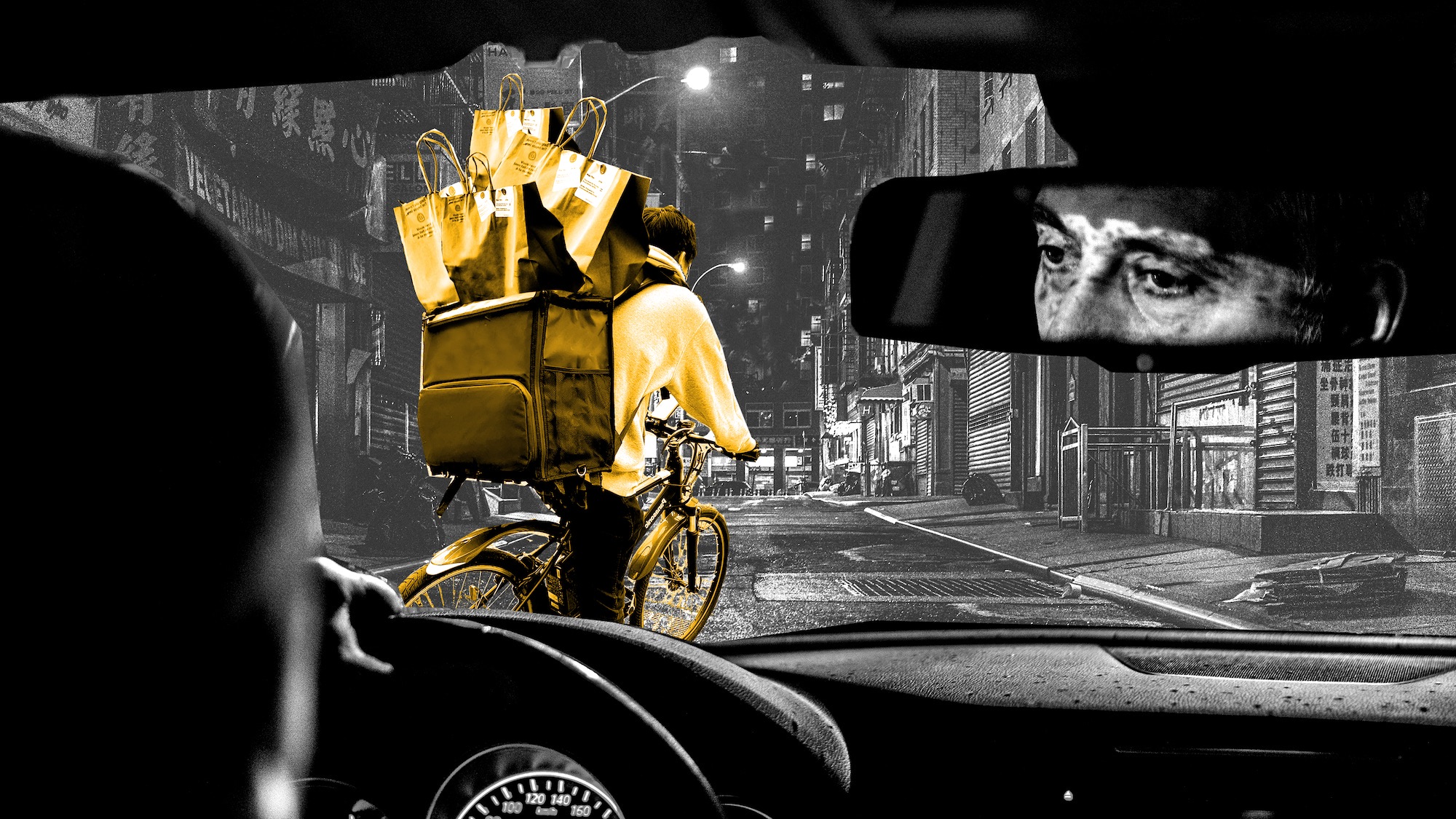 Illustration: back seat of a car looking through the windscreen. A gig worker with package deliveries is in front of the car.