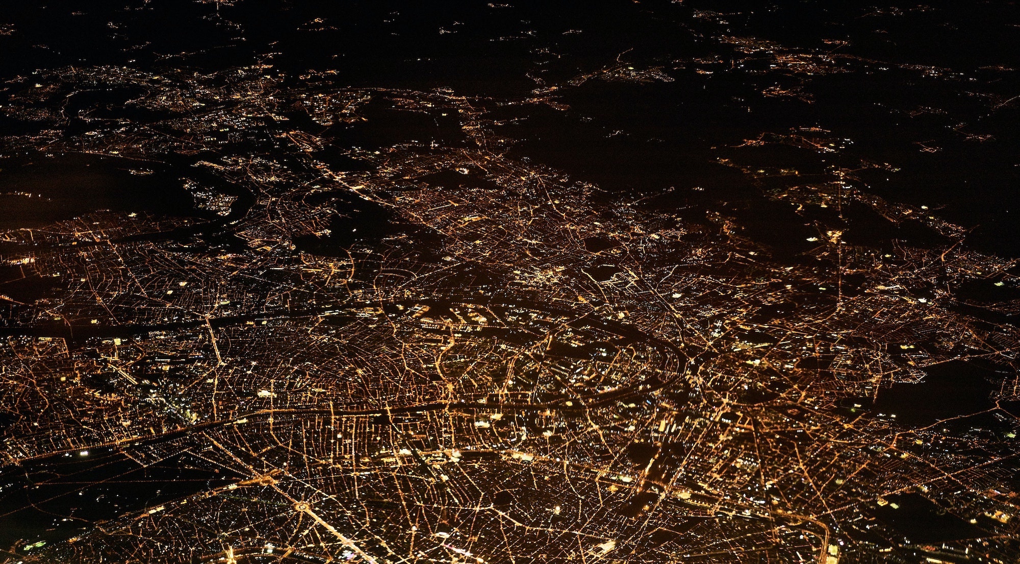 nighttime aerial photo of a city landscape
