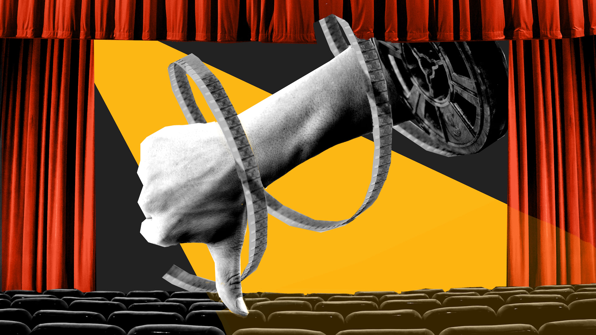 Empty theatre with an illustrated "thumbs down" hand with a cinema reel