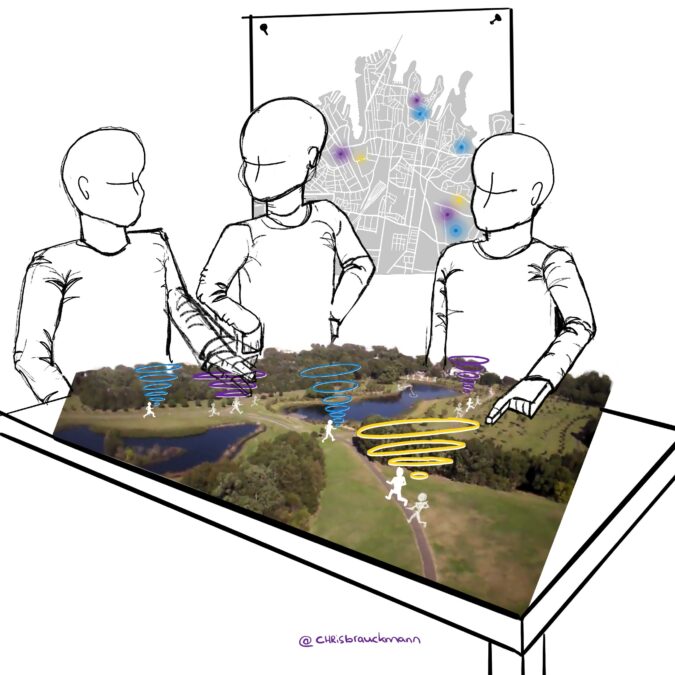 Sketch of people looking at a 3D map on a table with squiggles over people