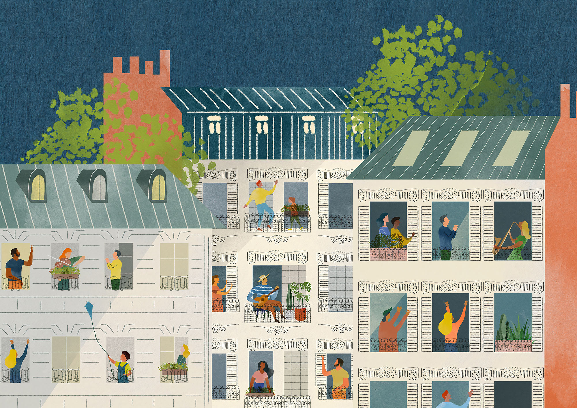 Illustration of people standing at balconies and interacting with each other through music and communication