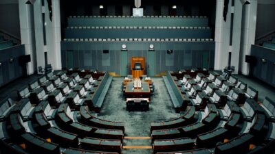 The empty House of Representatives at the Australian Parliament House