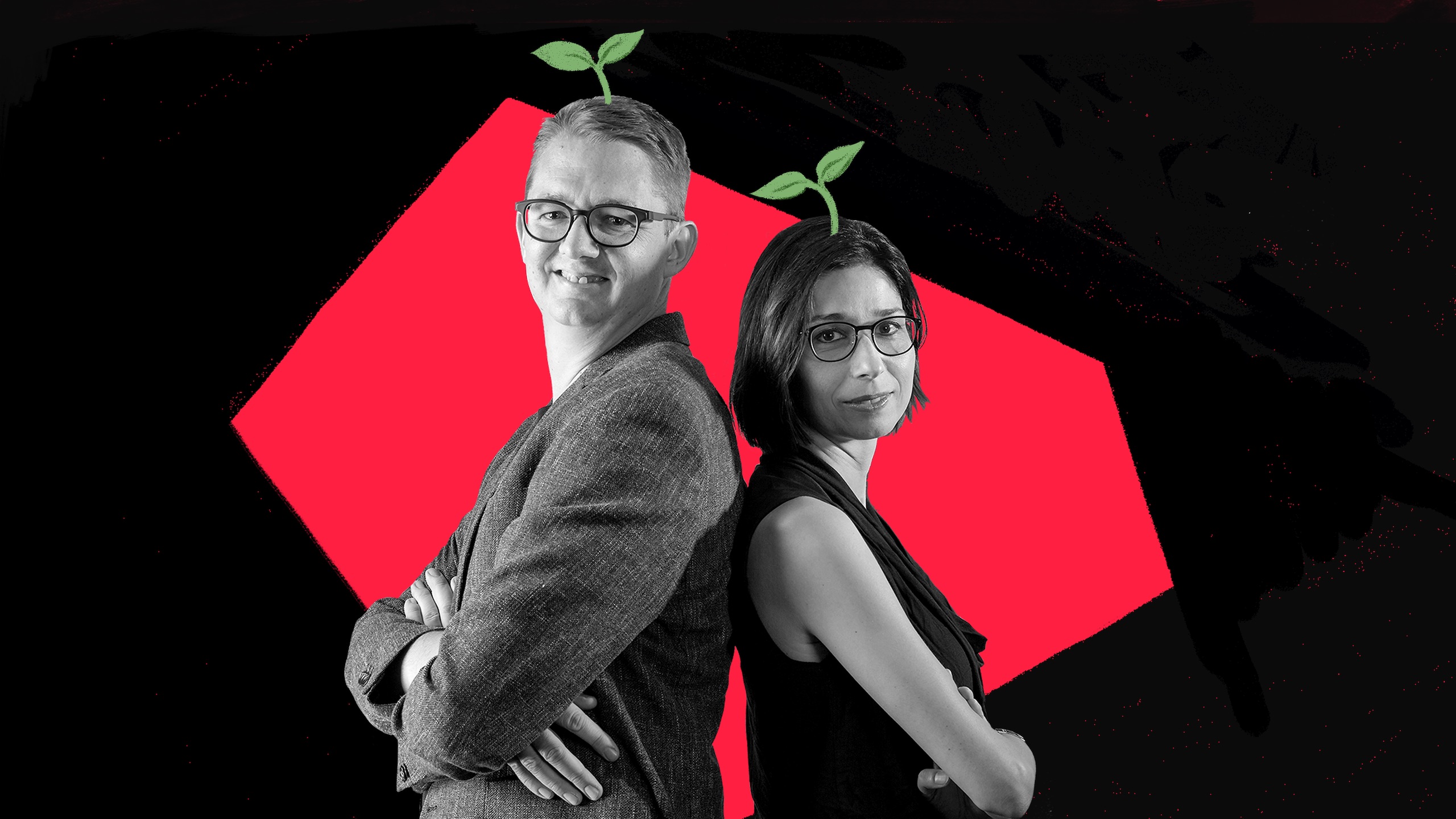 black and white photo of two people standing back to back, behind them is a red shape and above their heads are stylised plant emojis