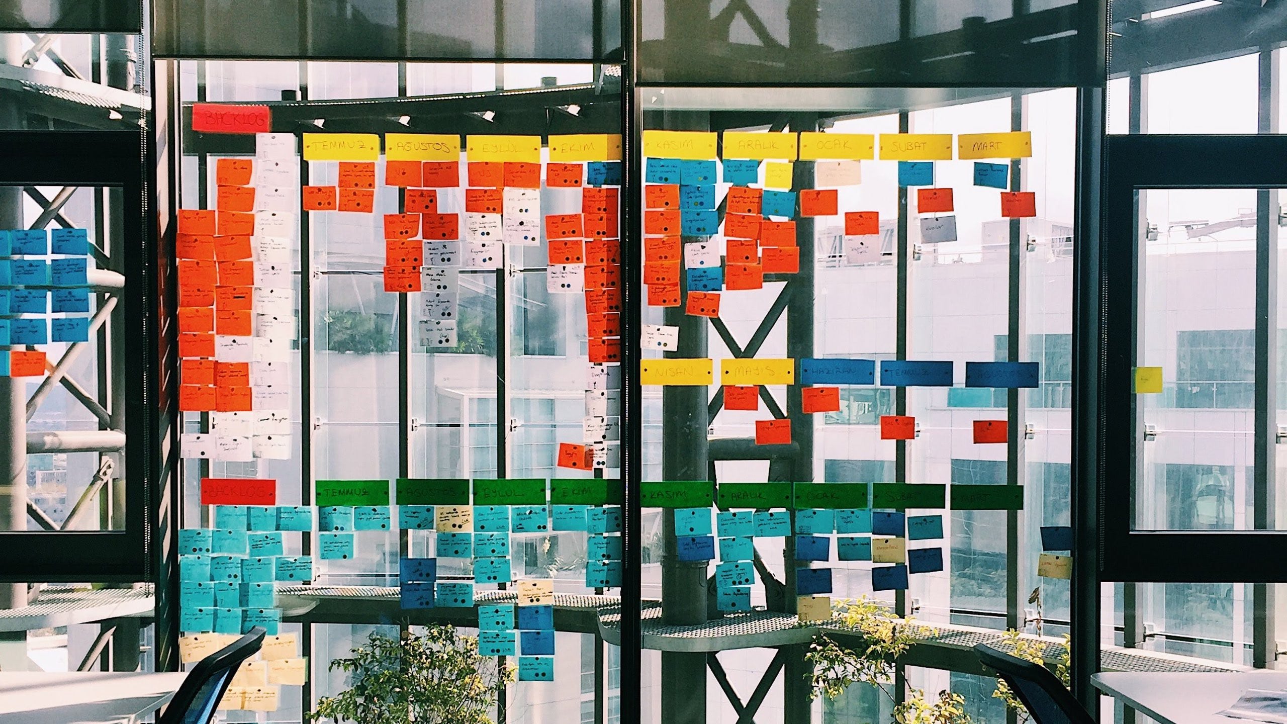 Various coloured post-it notes on an office building window