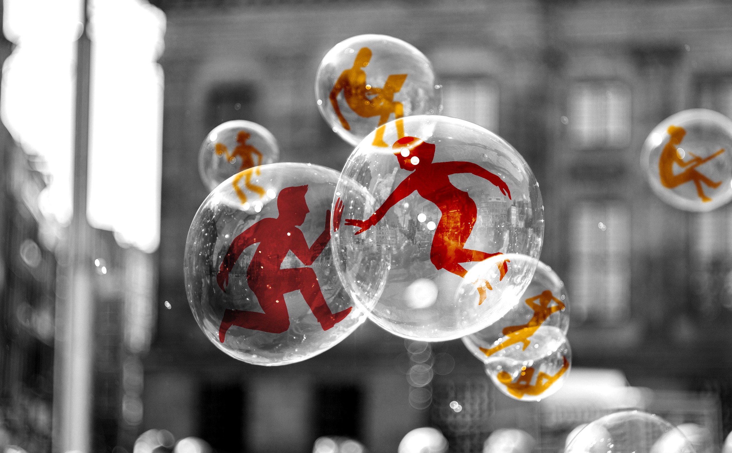 Illustration of people trapped in bubbles trying to touch each other