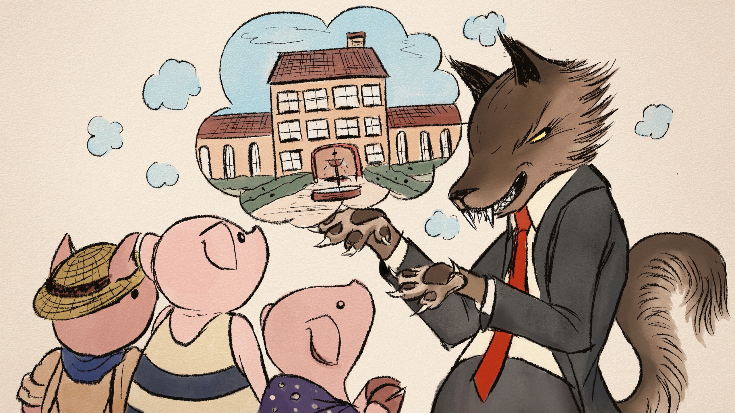 Illustration of a wolf selling a house to three pigs