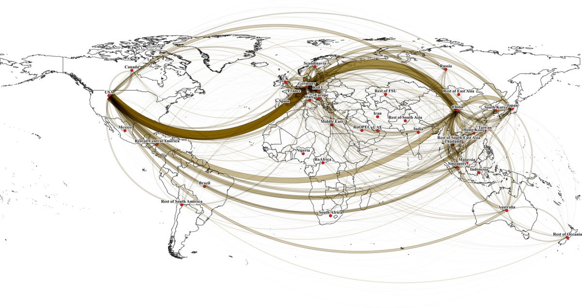 Lines connect ultimate origins and destinations of supply chains, both direct and multi-node. Line thickness represents trade volume lost.